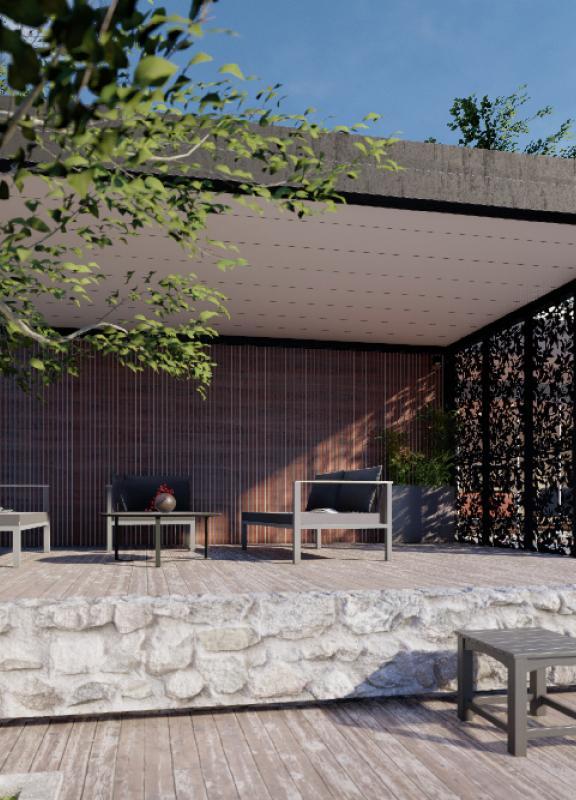 Akena Pool house - Aluminium noir - Terrasse en pierre